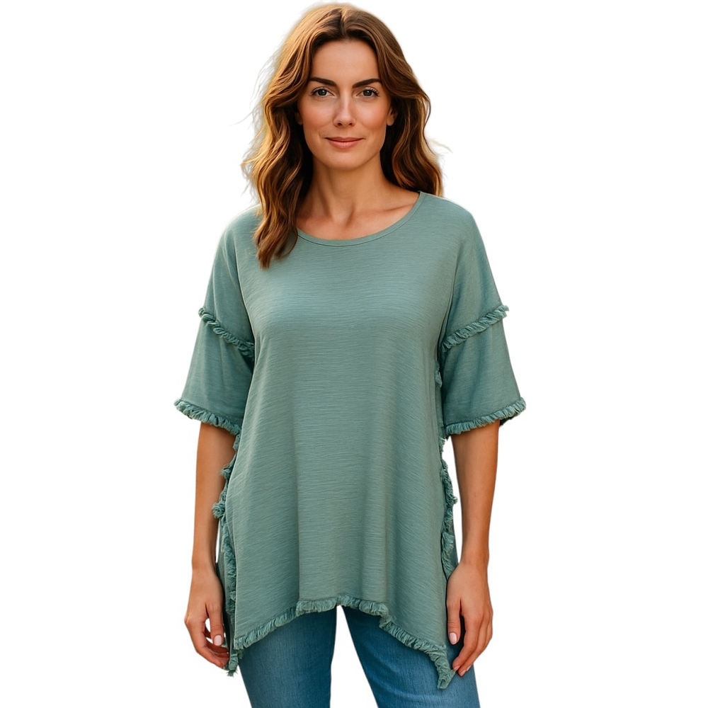 Umgee USA Tunic Top Womens L Green Textured Knit Frayed Boho Hippie Festival